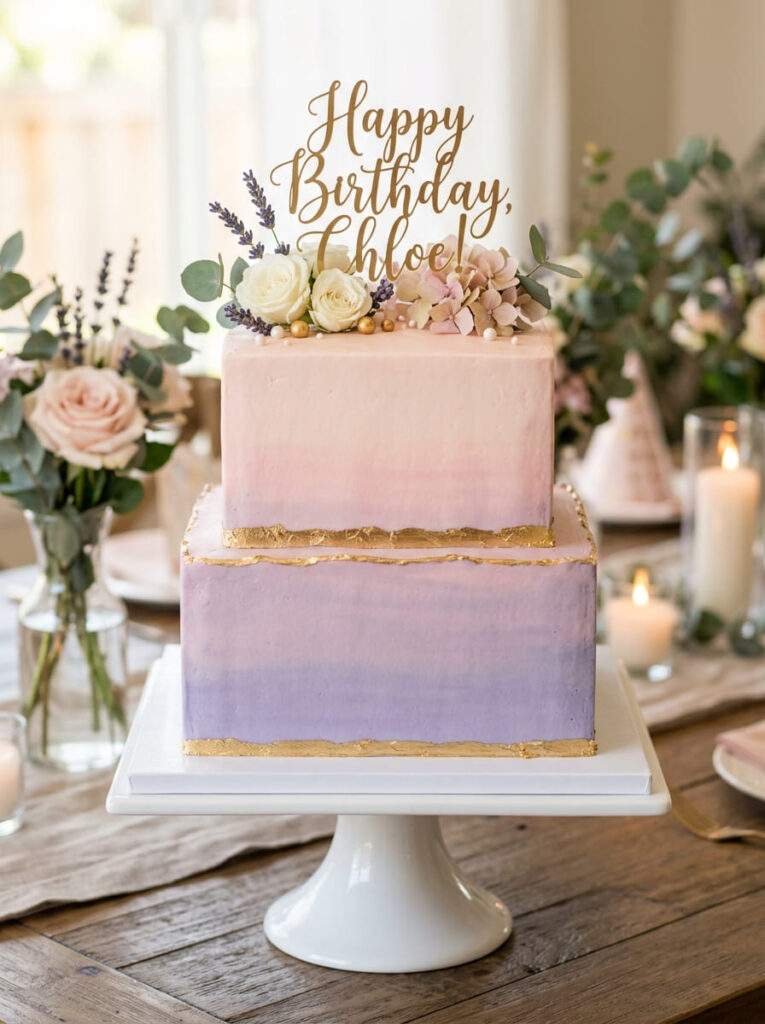 Square ombre birthday cake with soft gradient colors