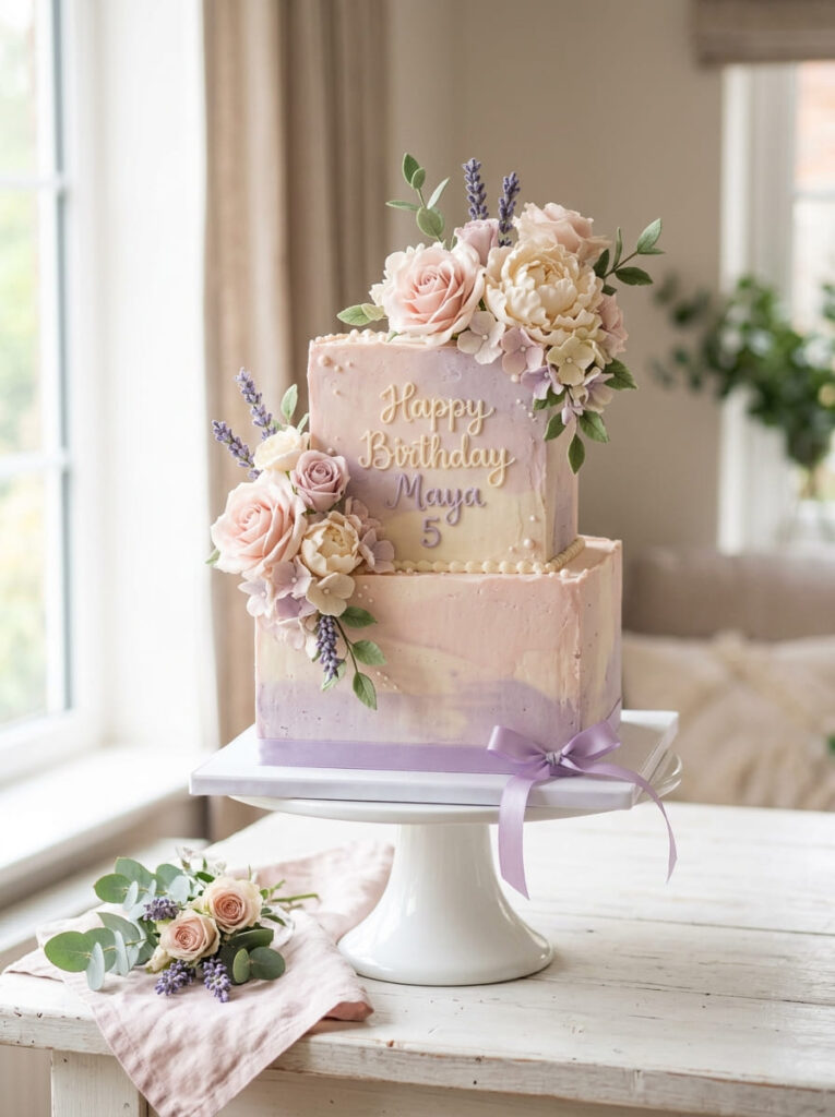 Square pastel birthday cake with soft elegant colors