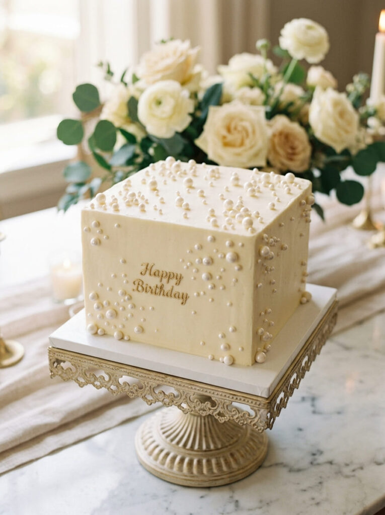 Square pearl birthday cake with sparkling elegant details