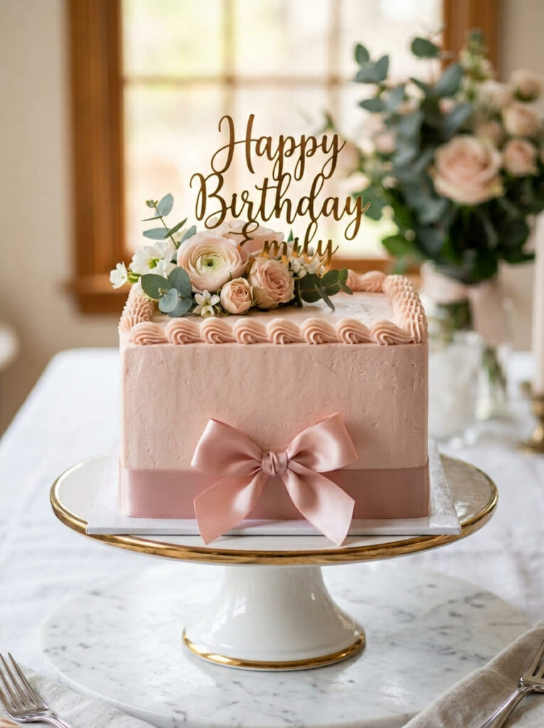 Square ribbon birthday cake with gift-like presentation
