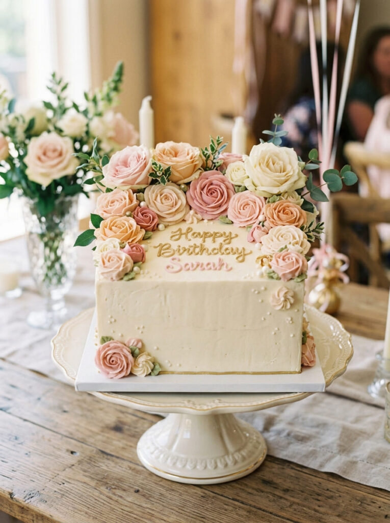 Square rose birthday cake with romantic classic design