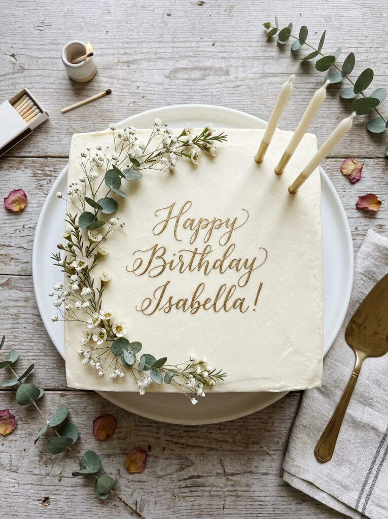 Square script birthday cake with simple elegant design
