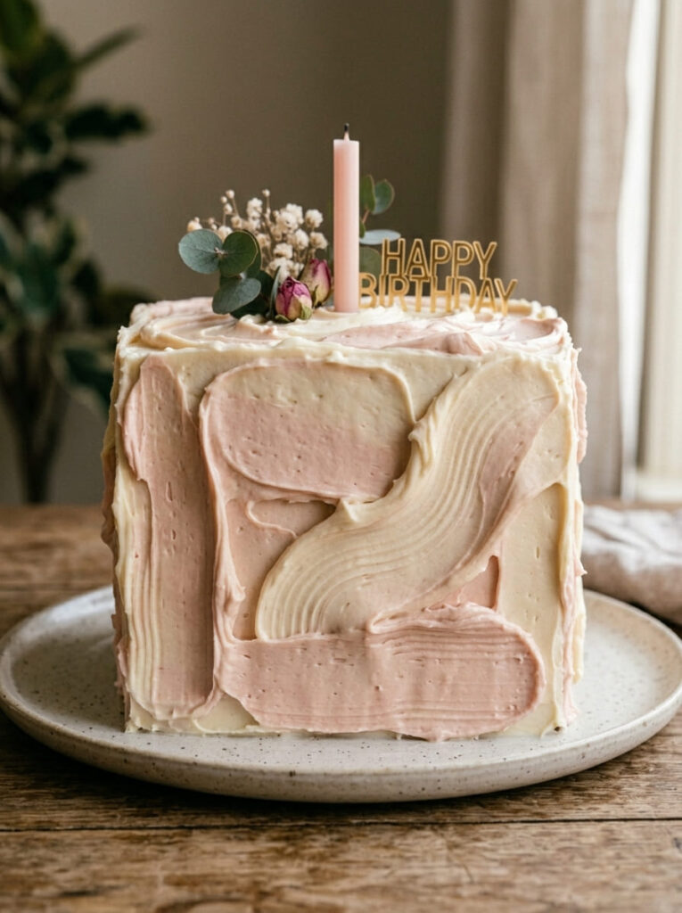 Square textured birthday cake with handmade sculptural finish