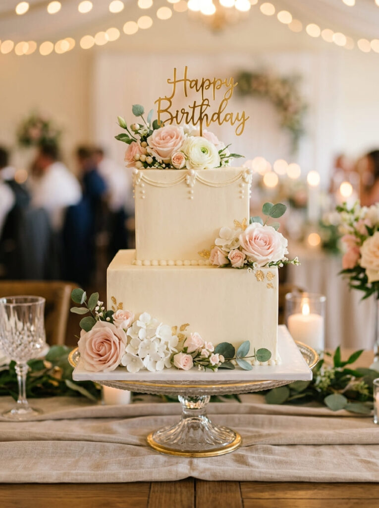 Square two-tier birthday cake with classic elegant styling
