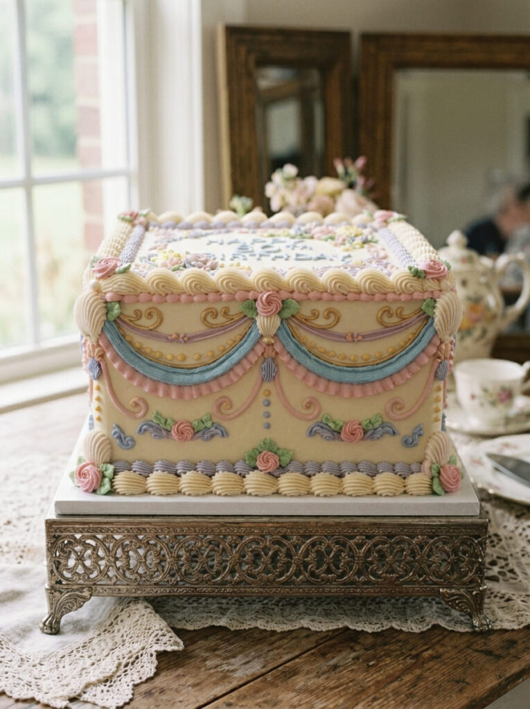 Square vintage piped birthday cake with classic ornate details

