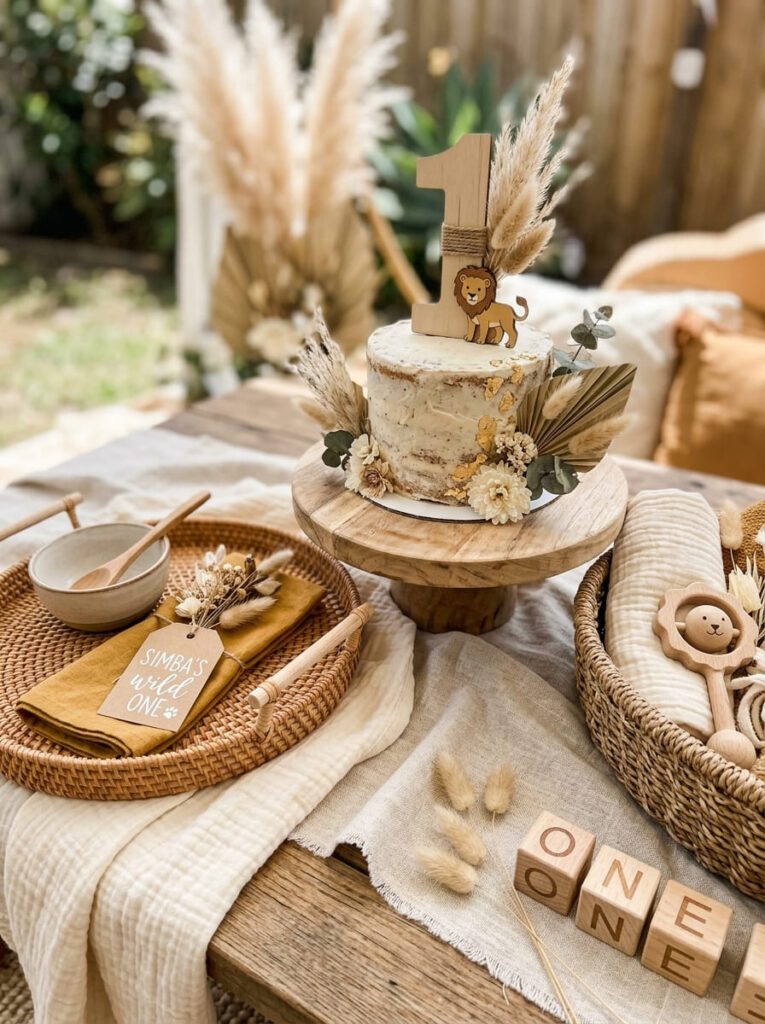 Natural textures used to style a polished Simba first birthday setup