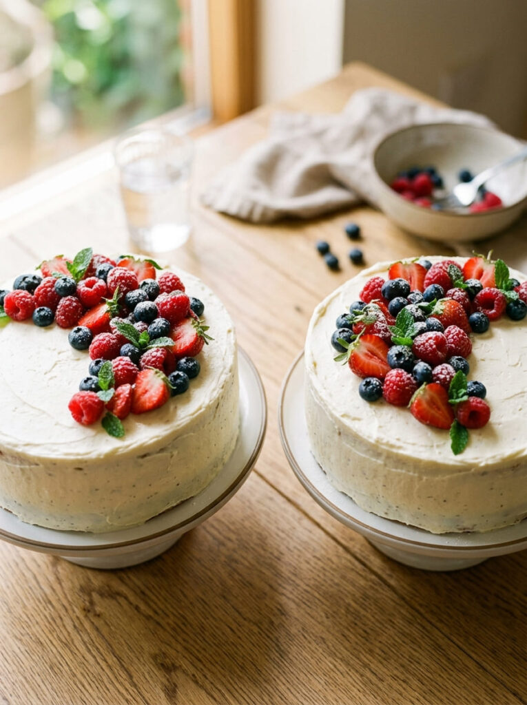 Twin berry birthday cakes with fresh matching fruit