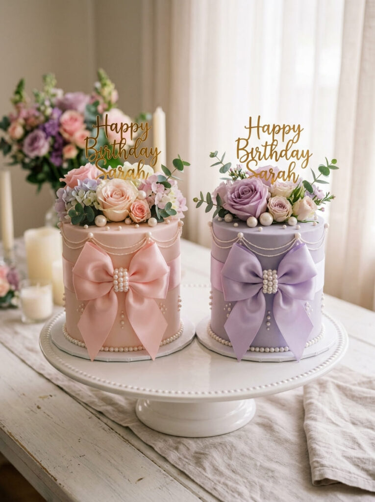 Twin bow birthday cakes with feminine elegant details