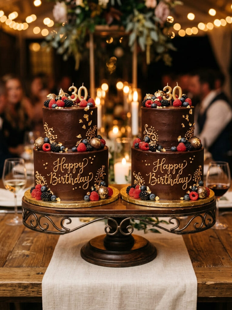 Twin chocolate birthday cakes with luxurious matching design