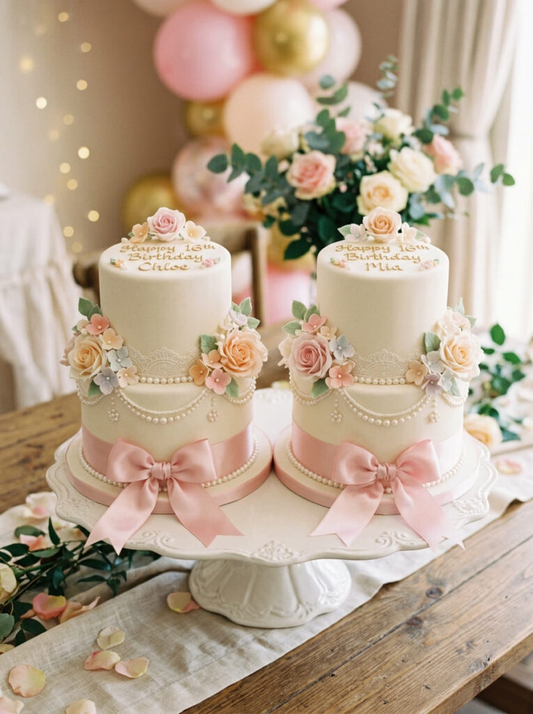  Twin coquette birthday cakes with feminine elegant bows