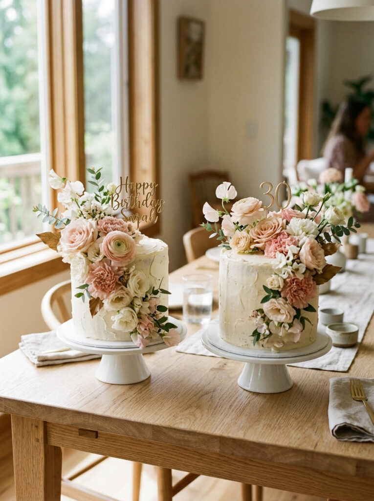 Twin floral birthday cakes with elegant fresh blooms