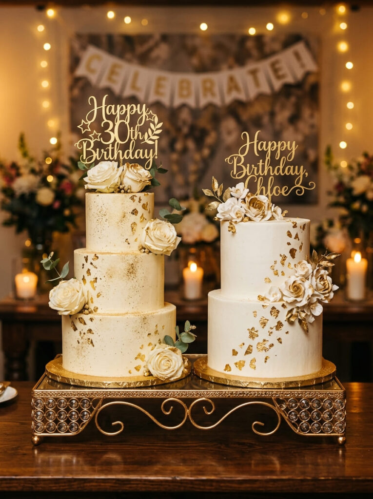 Twin gold accent birthday cakes with luxurious gold details