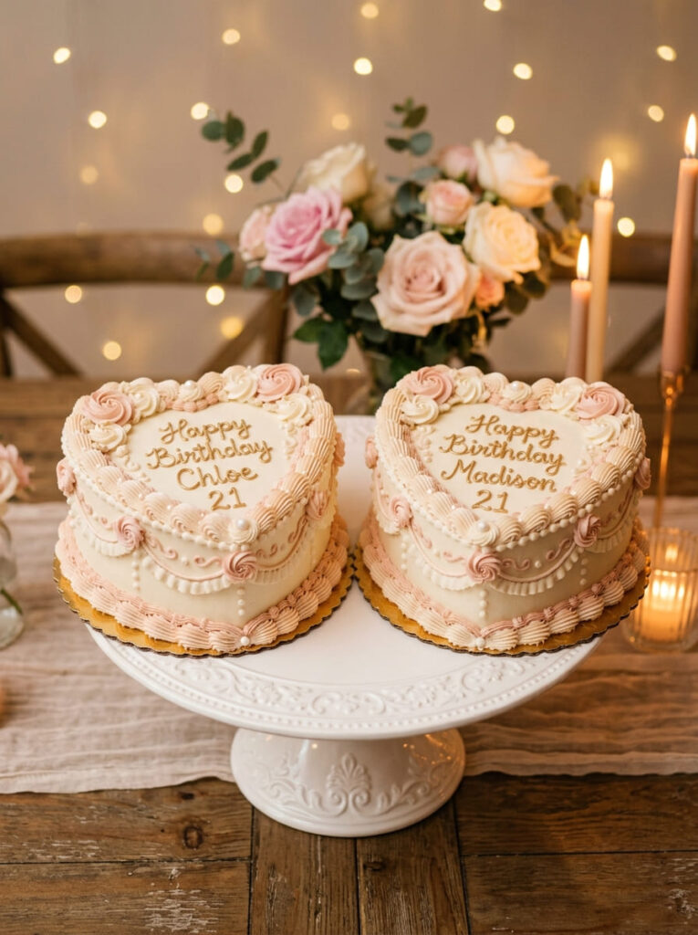 Twin heart-shaped birthday cakes with romantic elegant design