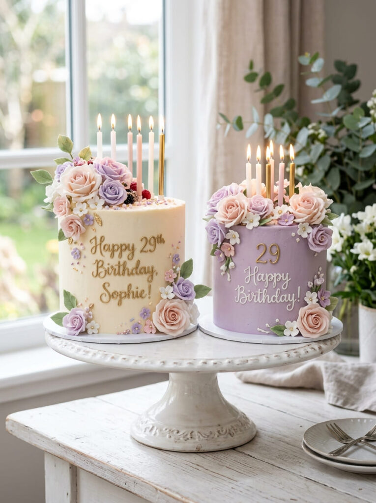 Twin pastel birthday cakes with soft elegant colors