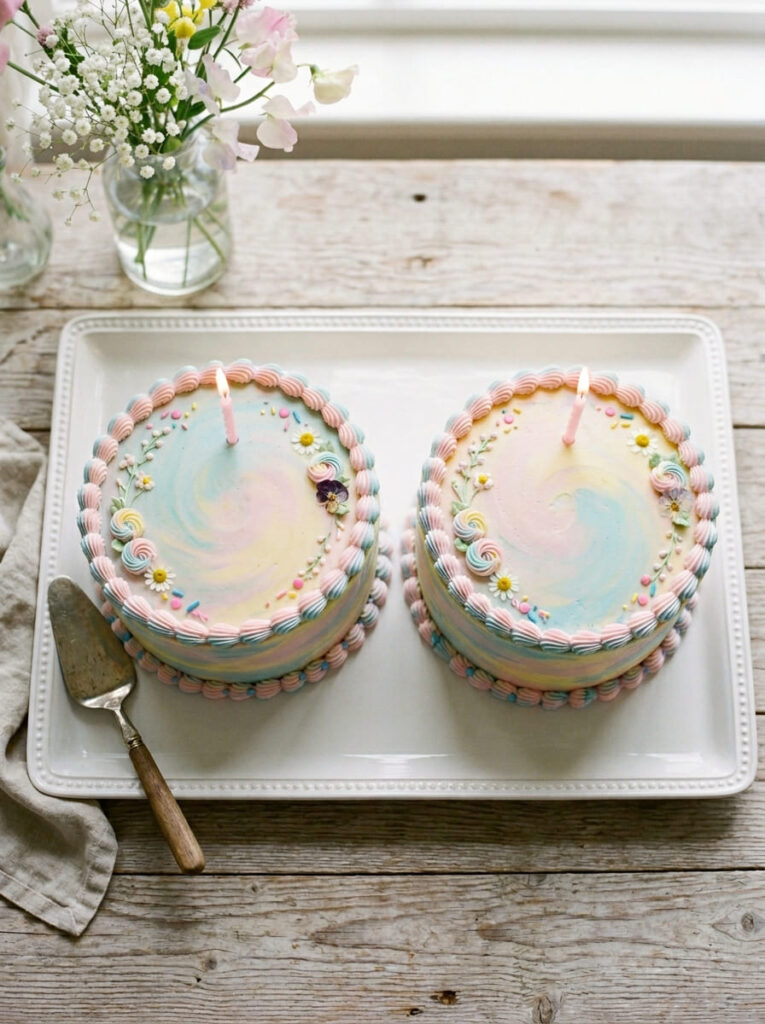 Twin round birthday cakes with matching frosting and elegant piping