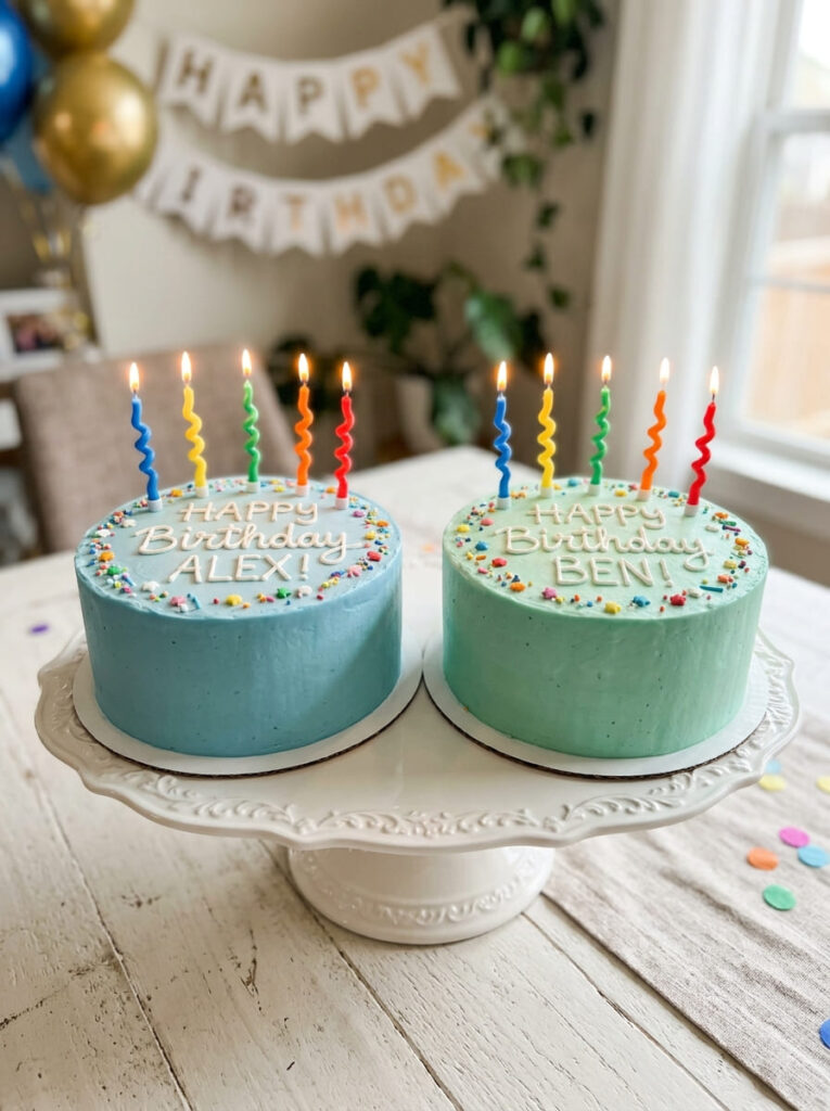 Twin script birthday cakes with elegant handwritten names