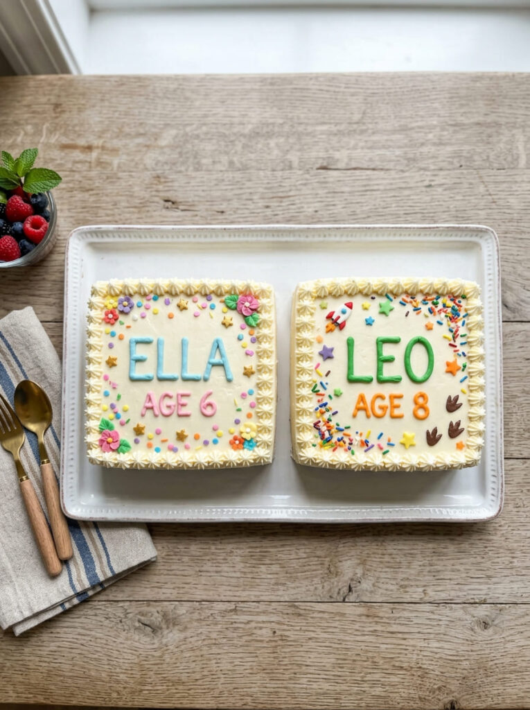 Twin square birthday cakes with personalized elegant details

