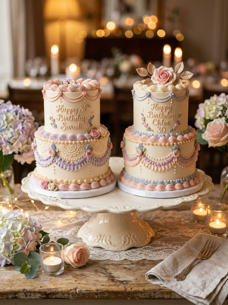 Twin vintage birthday cakes with classic elegant piping