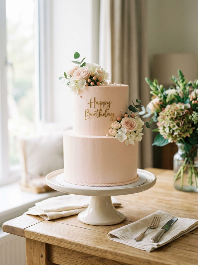 Two-layer easy stack birthday cake with elevated simple design