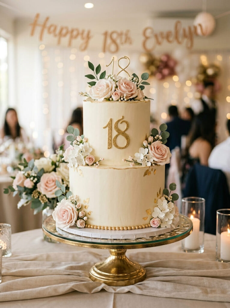 Two-tier 18th birthday cake with classic milestone styling
