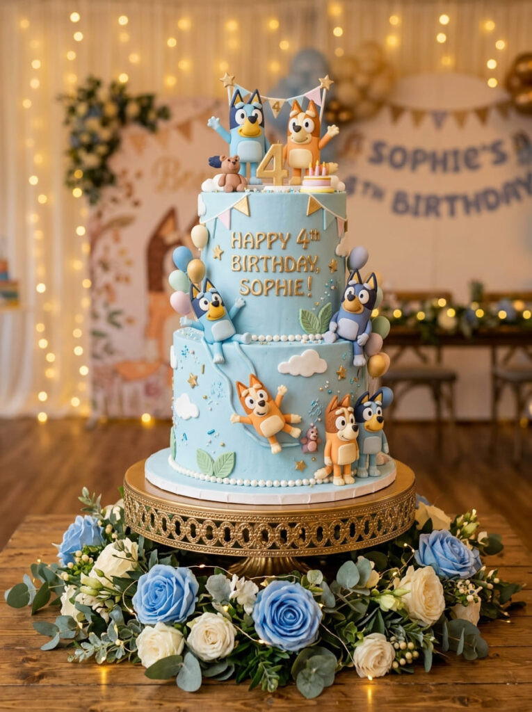 Two-tier stylish Bluey cake with characters on both tiers