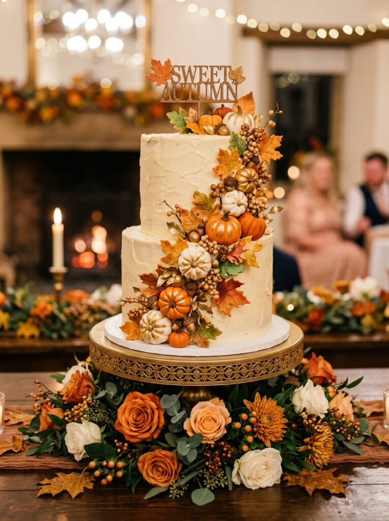 Vintage autumn cake with intricate floral piping and elegant details