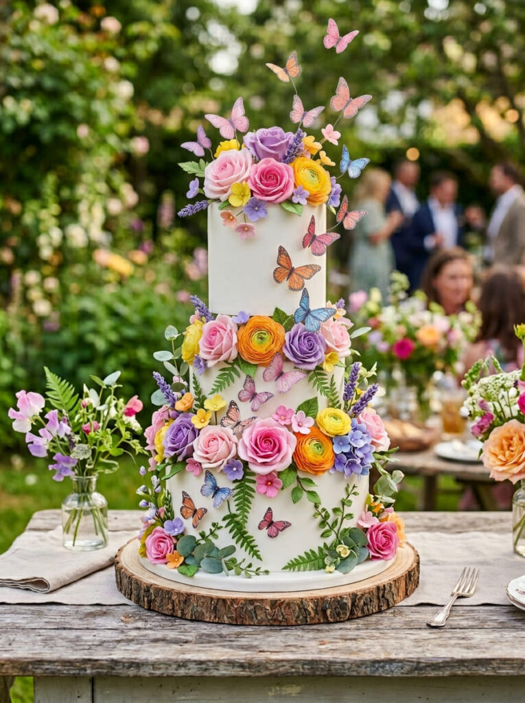 Floral butterfly garden cake with edible flowers and greenery