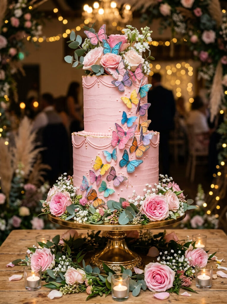 Two-tier elegant butterfly cake with cascading butterflies