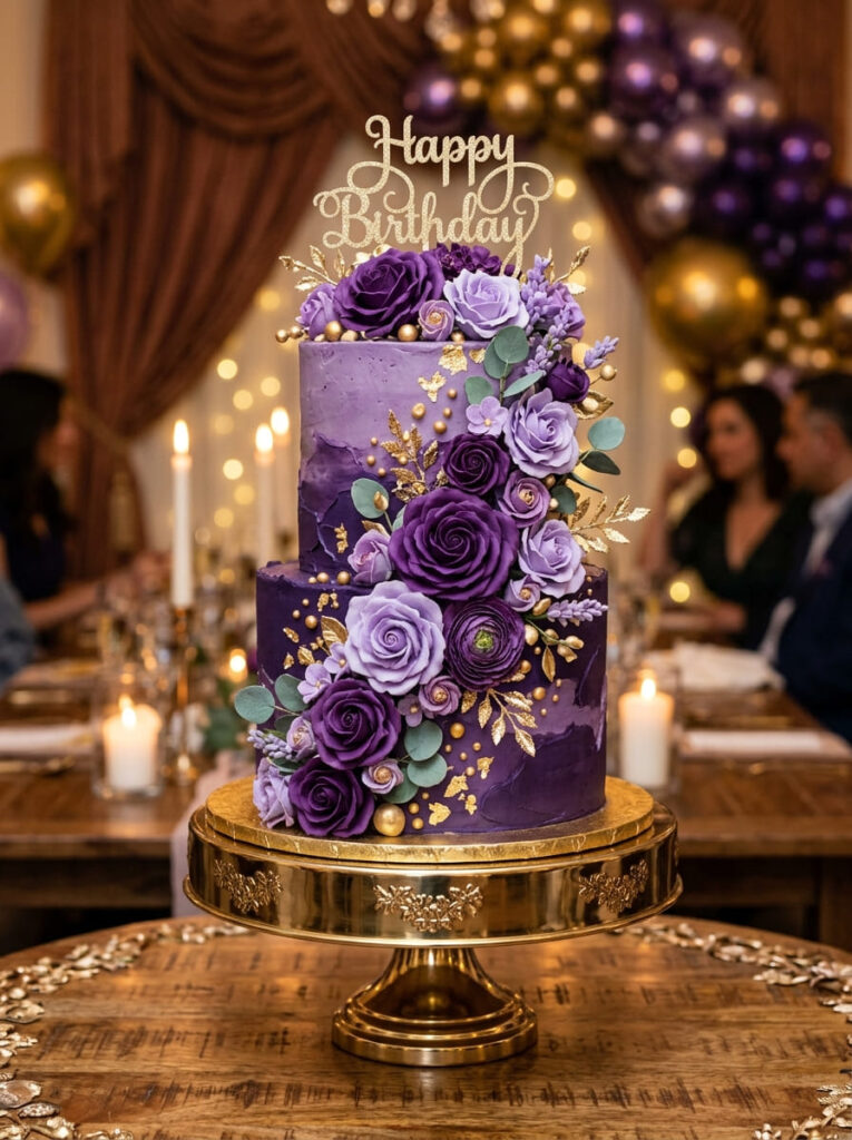 Two-tier stylish purple birthday cake with cascading flowers and gold