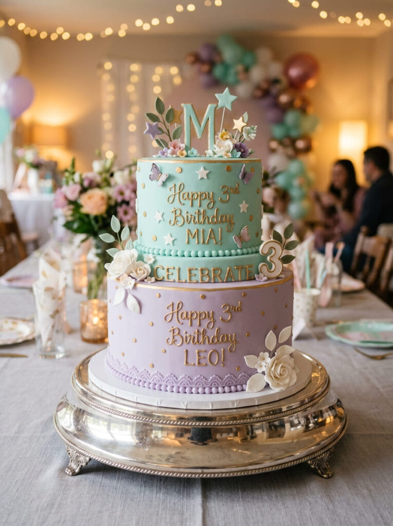 Two-tier twin birthday cake with coordinated elegant design