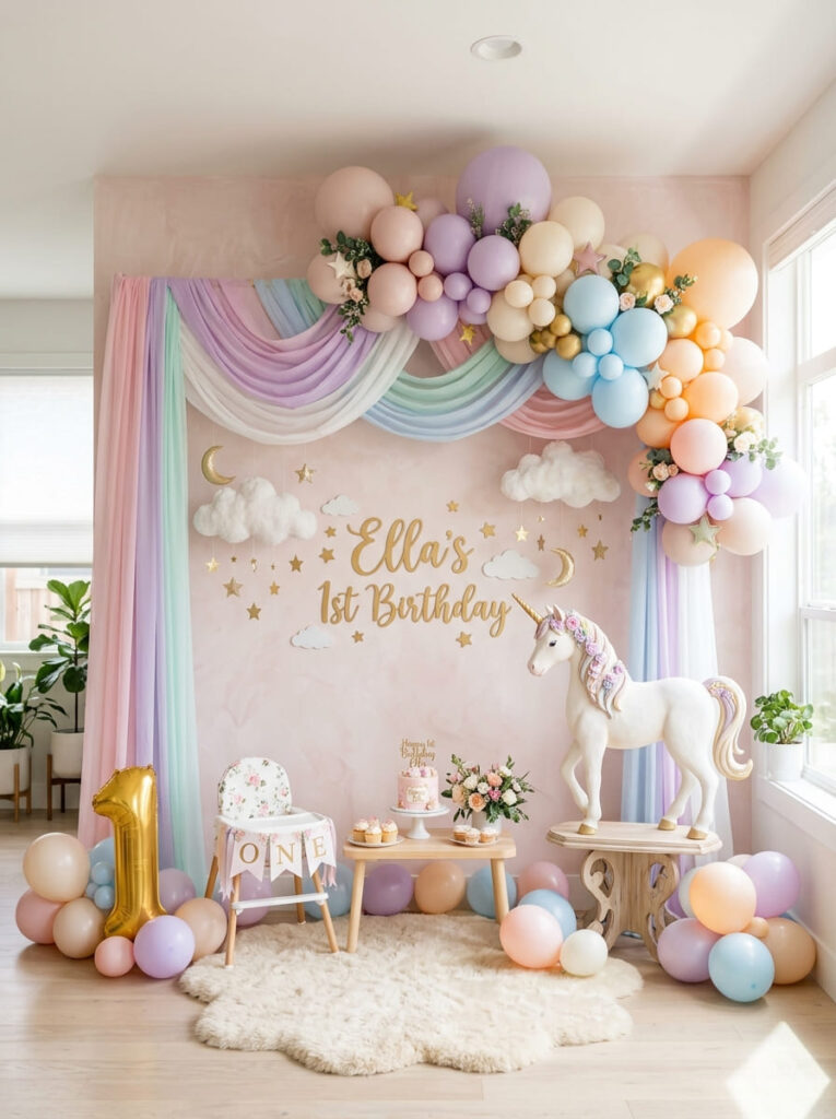 Unicorn first birthday backdrop with pastel balloons and magical details