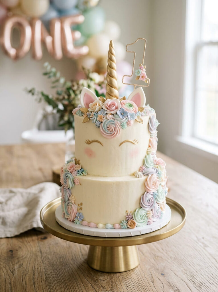 Unicorn first birthday cake with pastel swirls and elegant horn topper