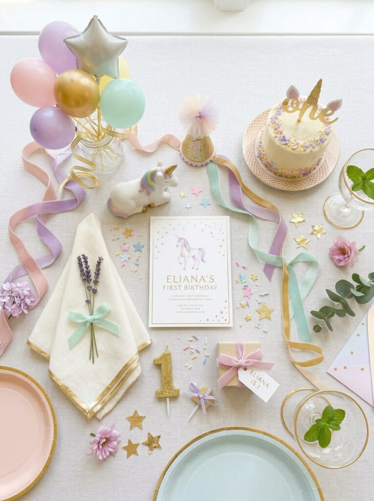 Unicorn first birthday color palette with soft pastel party tones
