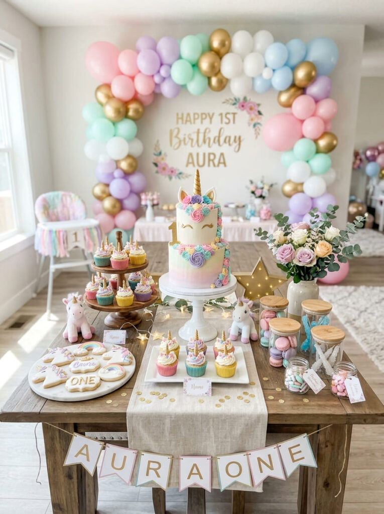 Unicorn first birthday dessert table with pastel sweets and magical decor