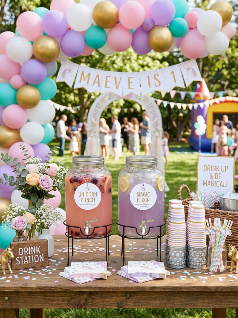 Unicorn first birthday drink station with pastel styling and simple decor