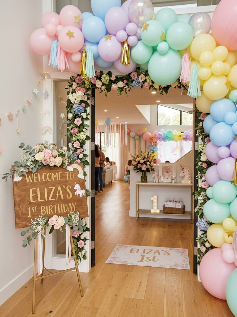 Unicorn first birthday entrance with welcome sign and pastel balloons