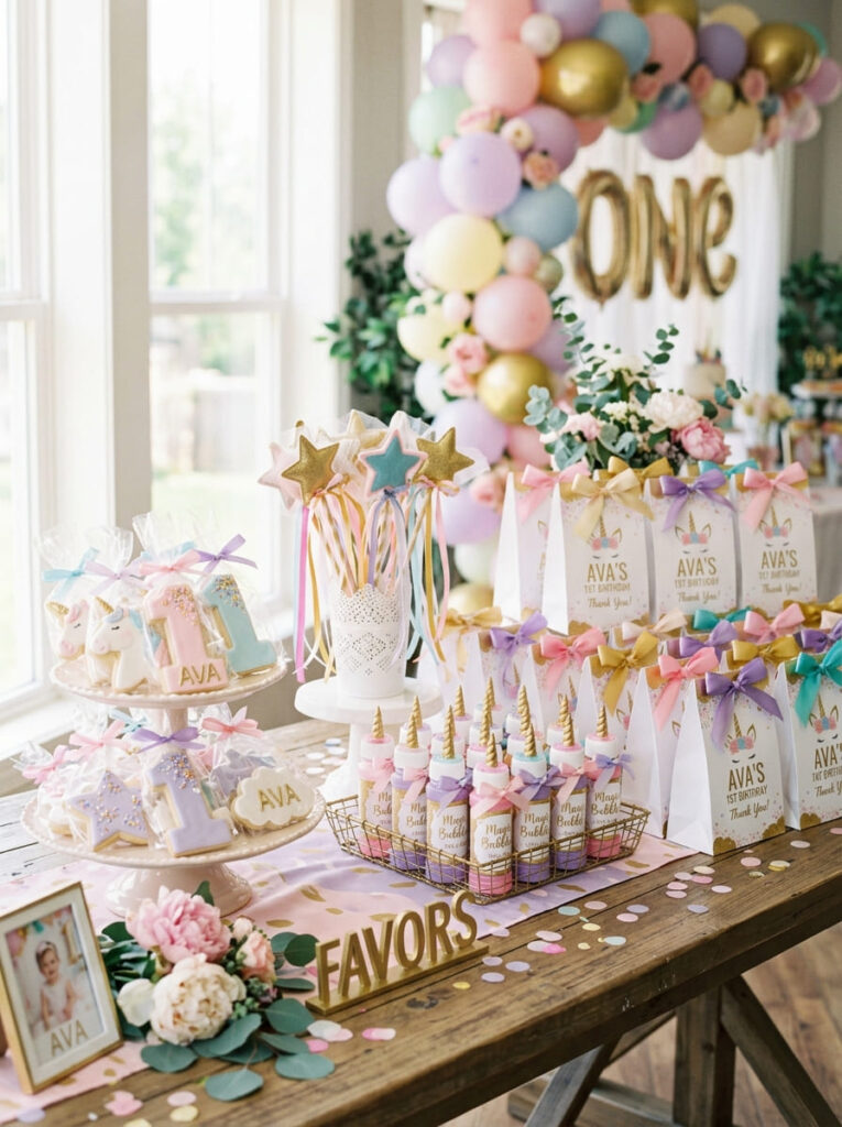 Unicorn first birthday favor display with pastel treats and magical details