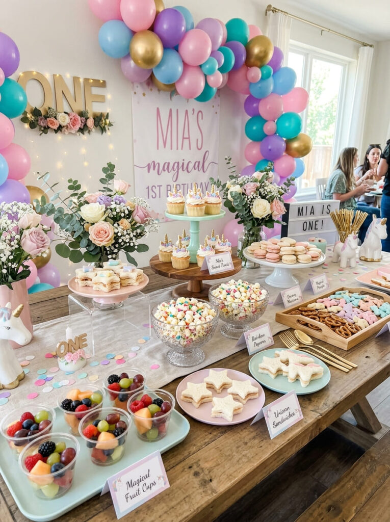 Unicorn first birthday food table with pastel snacks and magical labels