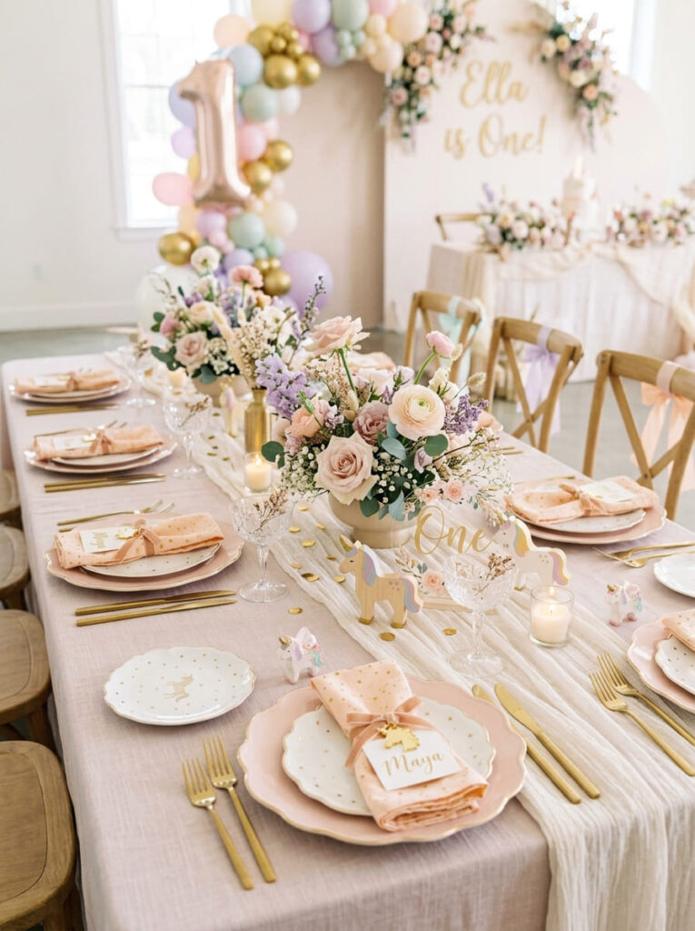 Unicorn first birthday guest table with soft feminine pastel details