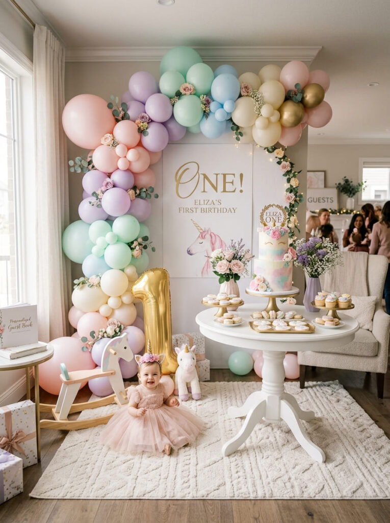 Unicorn first birthday party setup with pastel magical decor and elegant styling