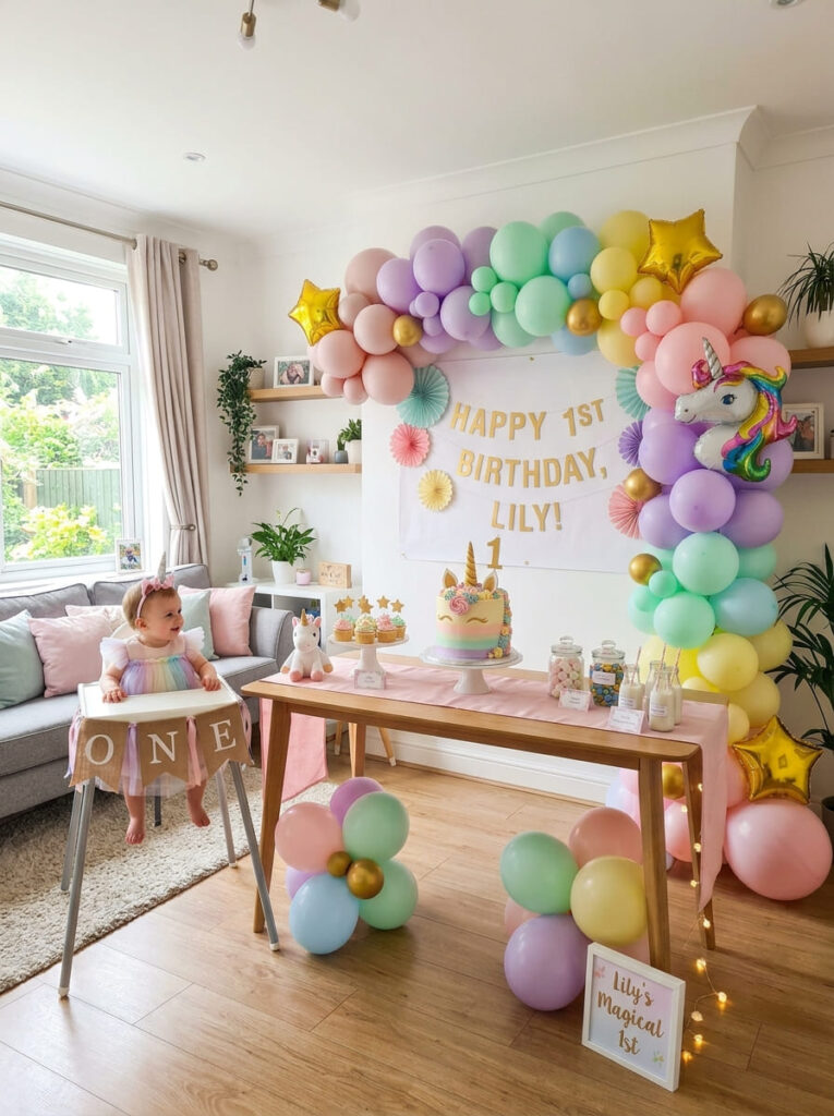 Budget friendly unicorn first birthday setup with stylish pastel decor