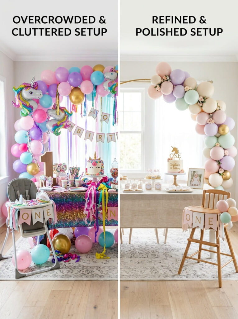 Unicorn first birthday styling compared with a cleaner polished version