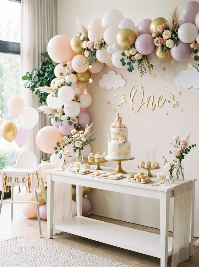 Unicorn first birthday decor with subtle magical accents styled neatly