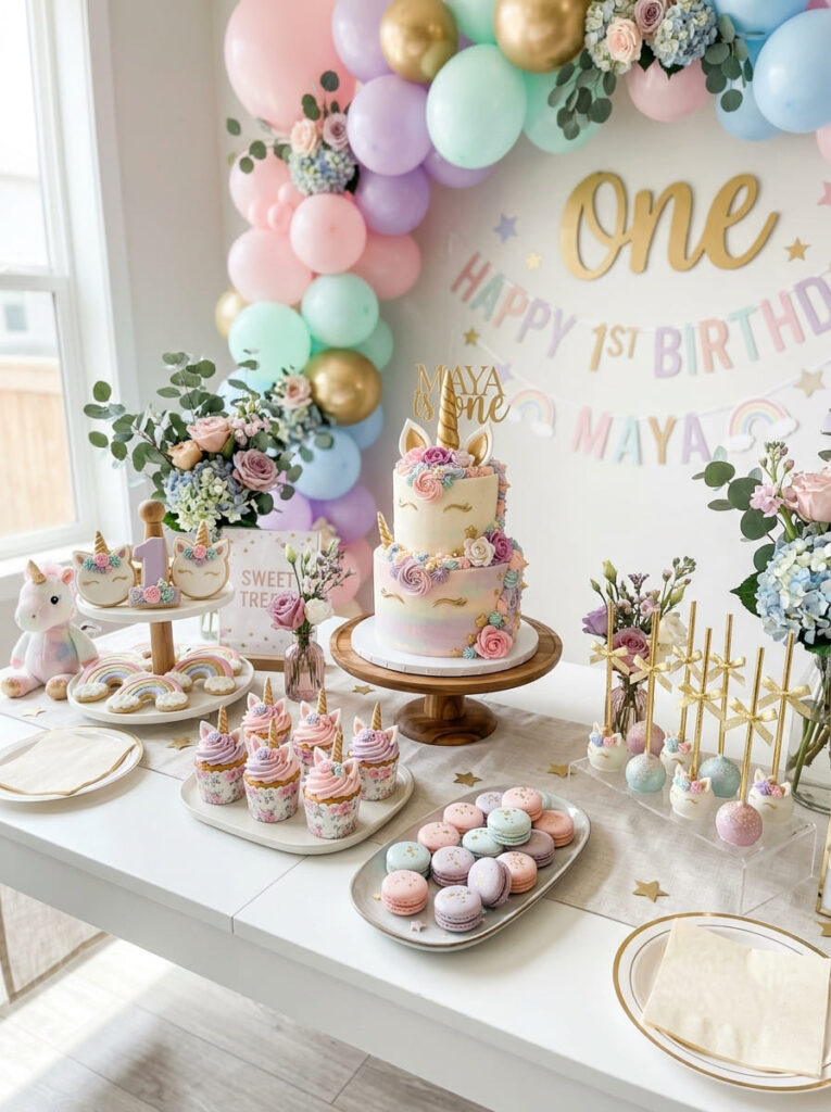 Unicorn first birthday themed desserts with soft pastel styling