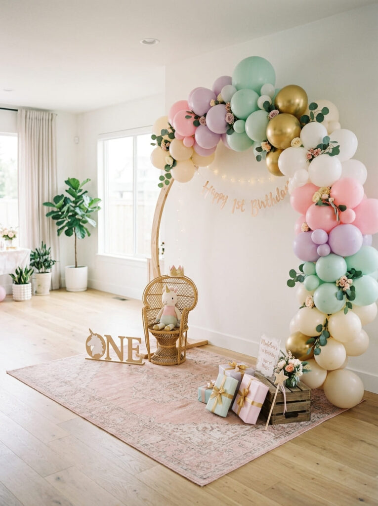 Unicorn first birthday family photo corner with magical pastel styling