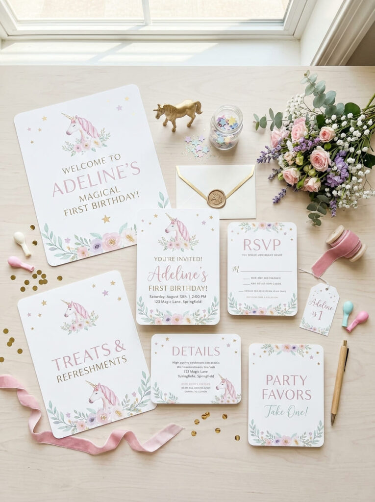 Unicorn first birthday invitations and signs with soft pastel magical styling