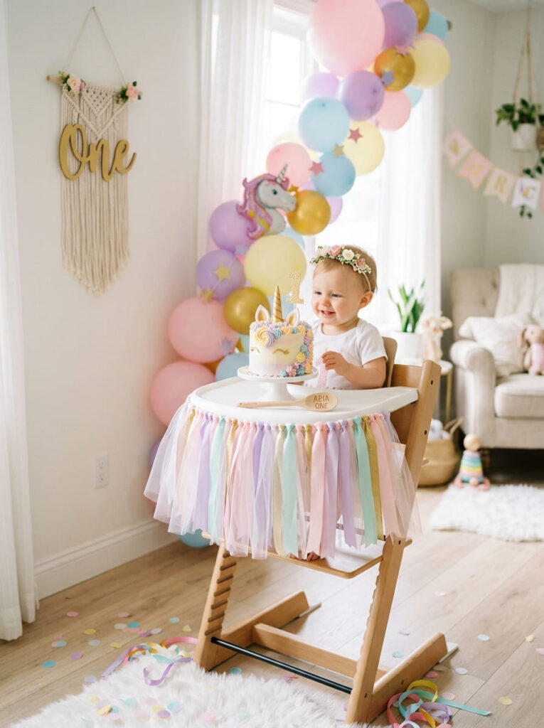 Unicorn first birthday smash cake setup with pastel balloons and ribbons