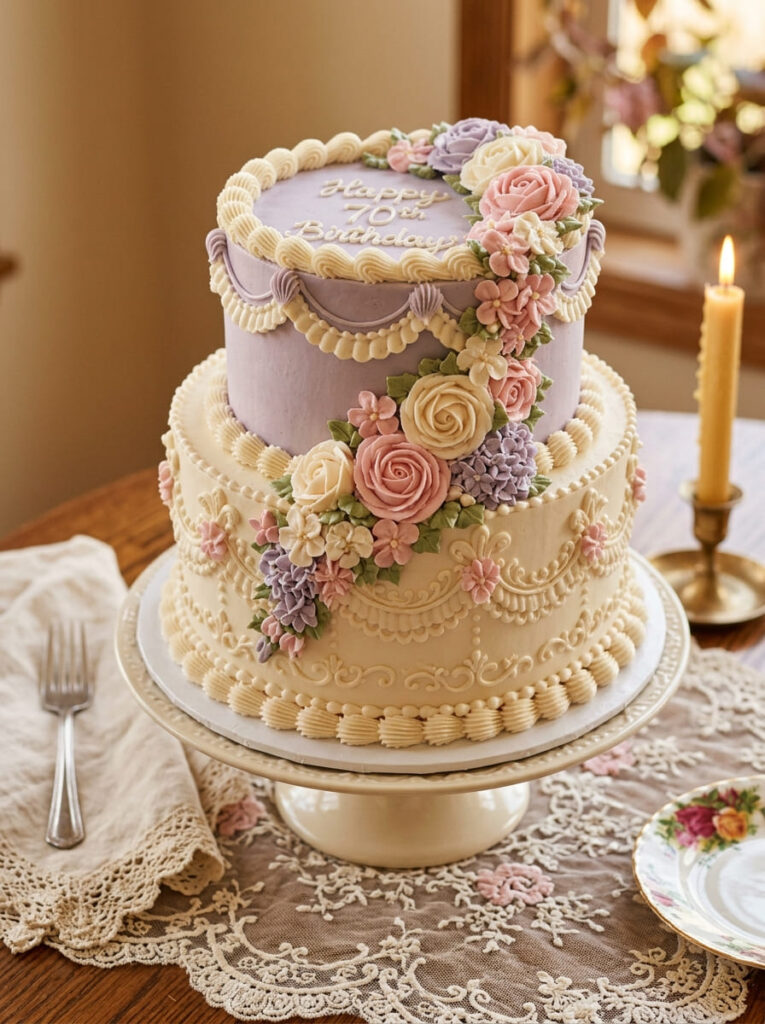Vintage piped floral birthday cake with romantic buttercream details