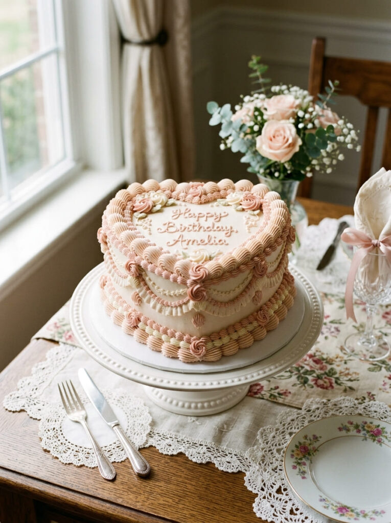 Vintage heart birthday cake with romantic piping and classic styling