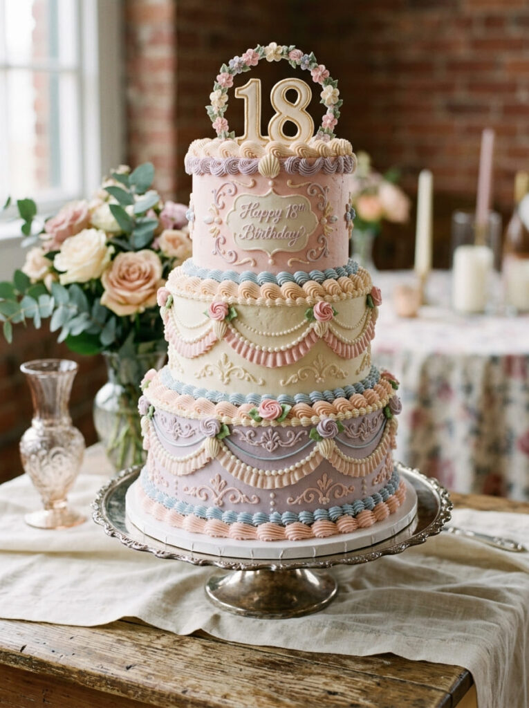 Vintage piped 18th birthday cake with classic ornate details
